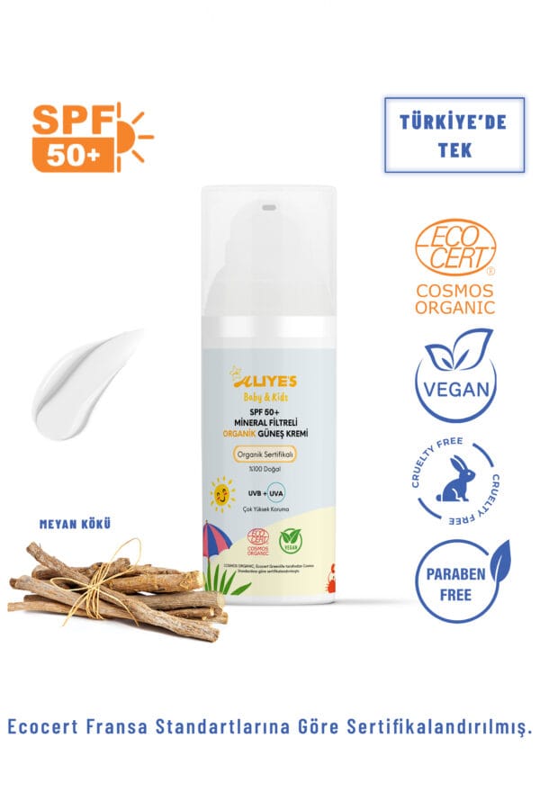 Organik Bebek & Çocuk Güneş Kremi SPF 50+ | Ecocert l Mineral Filtre, Non-Nano Çinko Oksit, Vegan