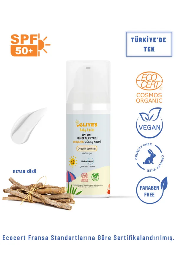 Organik Bebek & Çocuk Güneş Kremi SPF 50+ | Ecocert l Mineral Filtre, Non-Nano Çinko Oksit, Vegan