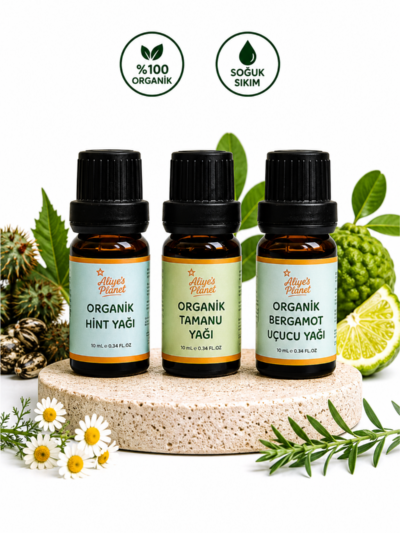 3’lü Organik Yağ Seti (Hint, Tamanu, Bergamot)| Cilt, Saç ve Kaş Kirpik Bakım Seti