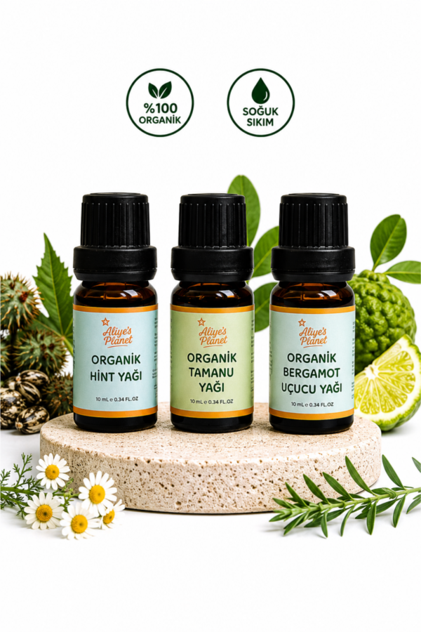 3’lü Organik Yağ Seti (Hint, Tamanu, Bergamot)| Cilt, Saç ve Kaş Kirpik Bakım Seti