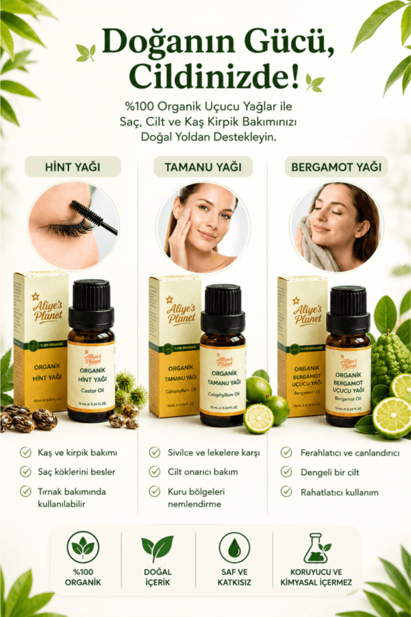 3’lü Organik Yağ Seti (Hint, Tamanu, Bergamot)| Cilt, Saç ve Kaş Kirpik Bakım Seti - Görsel 4