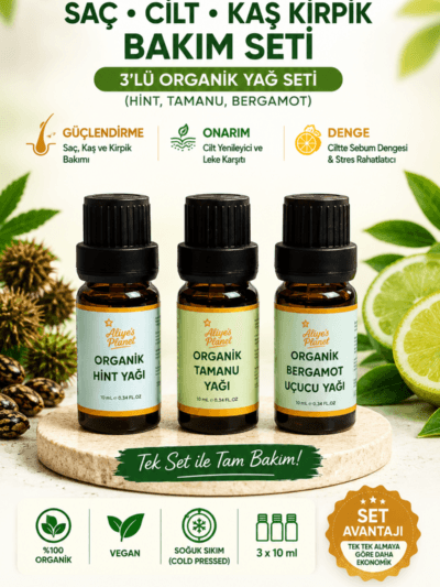 3’lü Organik Yağ Seti (Hint, Tamanu, Bergamot)| Cilt, Saç ve Kaş Kirpik Bakım Seti