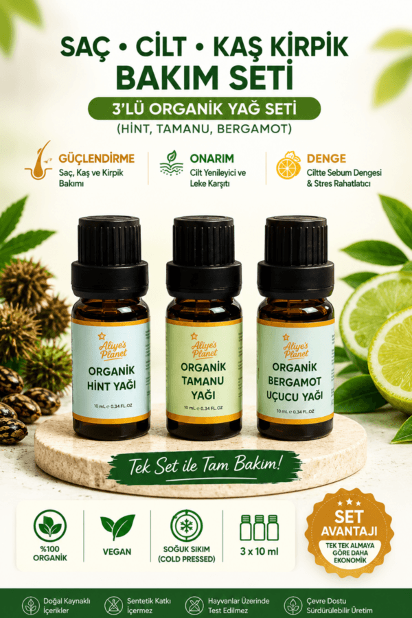 3’lü Organik Yağ Seti (Hint, Tamanu, Bergamot)| Cilt, Saç ve Kaş Kirpik Bakım Seti - Görsel 2