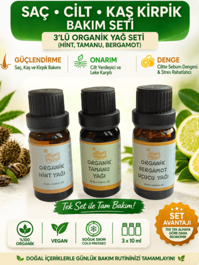 3’lü Organik Yağ Seti (Hint, Tamanu, Bergamot)| Cilt, Saç ve Kaş Kirpik Bakım Seti