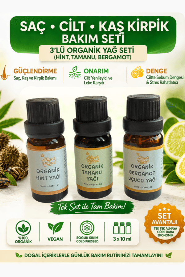 3’lü Organik Yağ Seti (Hint, Tamanu, Bergamot)| Cilt, Saç ve Kaş Kirpik Bakım Seti