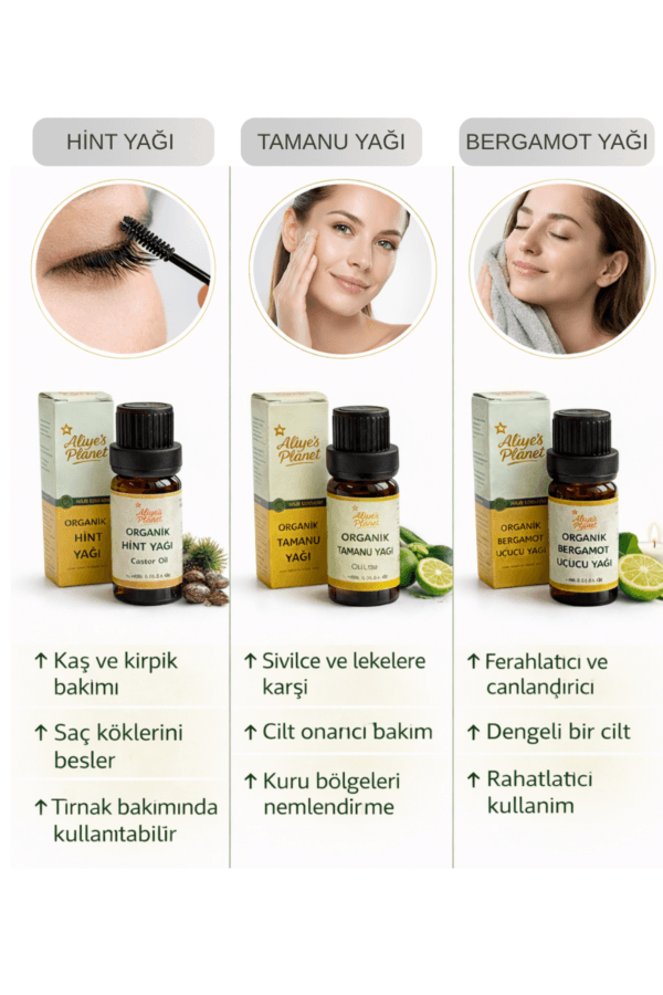 3’lü Organik Yağ Seti (Hint, Tamanu, Bergamot)| Cilt, Saç ve Kaş Kirpik Bakım Seti - Görsel 3