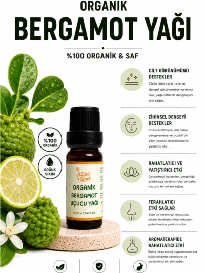 %100 Organik Bergamot Uçucu Yağı | Yüz Saç Vücut | Aromaterapi | Stres Rahatlatıcı