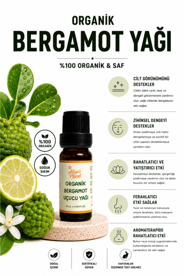 %100 Organik Bergamot Uçucu Yağı | Yüz Saç Vücut | Aromaterapi | Stres Rahatlatıcı - Görsel 2