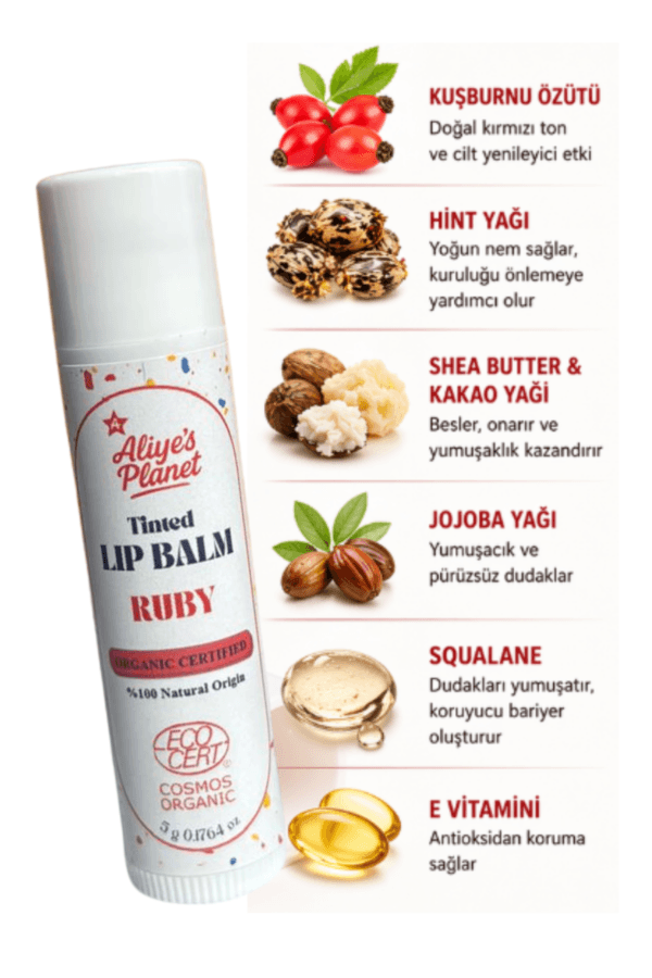 Organik Renkli Lip Balm – RUBY  Doğal Işıltı Veren Nemlendirici & Besleyici Dudak Balmı - Görsel 3