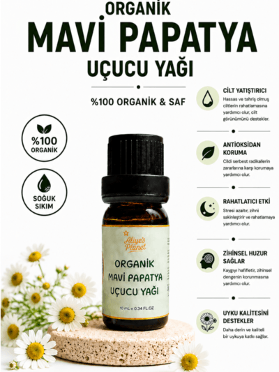 %100 Organik Mavi Papatya Uçucu Yağı – Hassas Ciltler için Cilt Yatıştırıcı ve Uyku & Rahatlama Destekleyici Aromaterapi Yağı