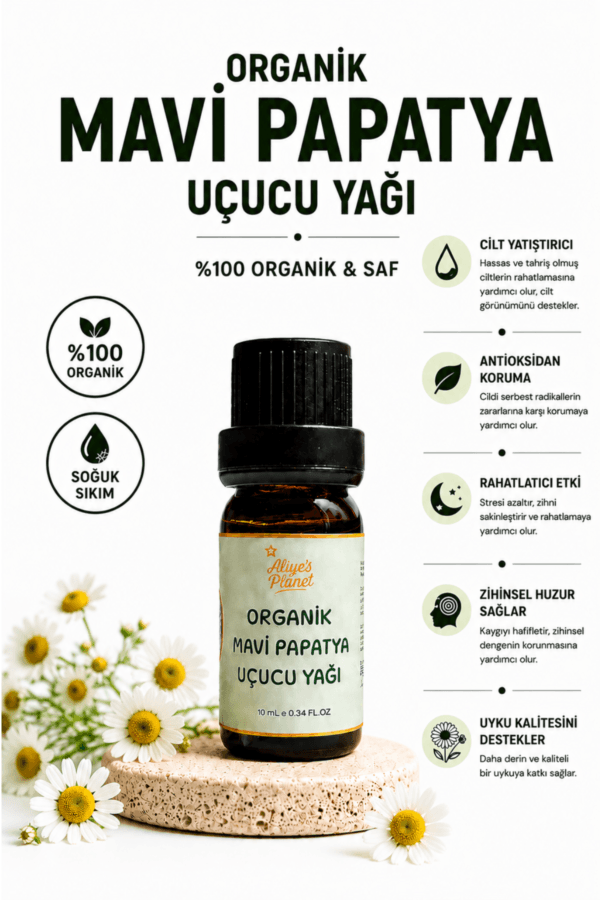 %100 Organik Mavi Papatya Uçucu Yağı – Hassas Ciltler için Cilt Yatıştırıcı ve Uyku & Rahatlama Destekleyici Aromaterapi Yağı - Görsel 2