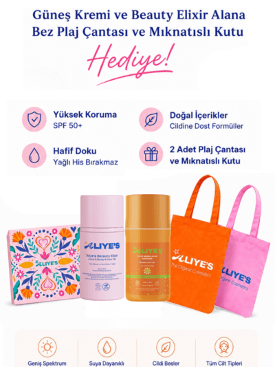 Organik SPF50+ Mineral filtreli Güneş Kremi & Beauty Elixir Gece Yağı Seti – Hediye Mıknatıslı Kutu + Plaj Çantası