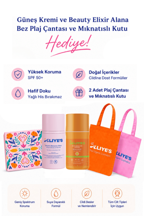 Organik SPF50+ Mineral filtreli Güneş Kremi & Beauty Elixir Gece Yağı Seti – Hediye Mıknatıslı Kutu + Plaj Çantası